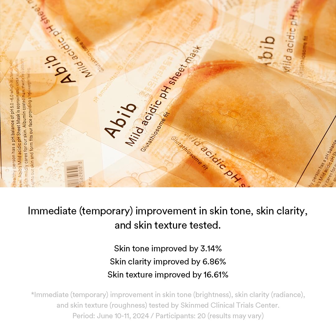 Abib Mild acidic pH sheet mask Glutathiosome fit (10 Sheets) | Face Mask for Glass Glow Skin, Glutathione and Niacinamide, Improves Dark Spots & Revitalize Dull Skin, Korean Skin Care