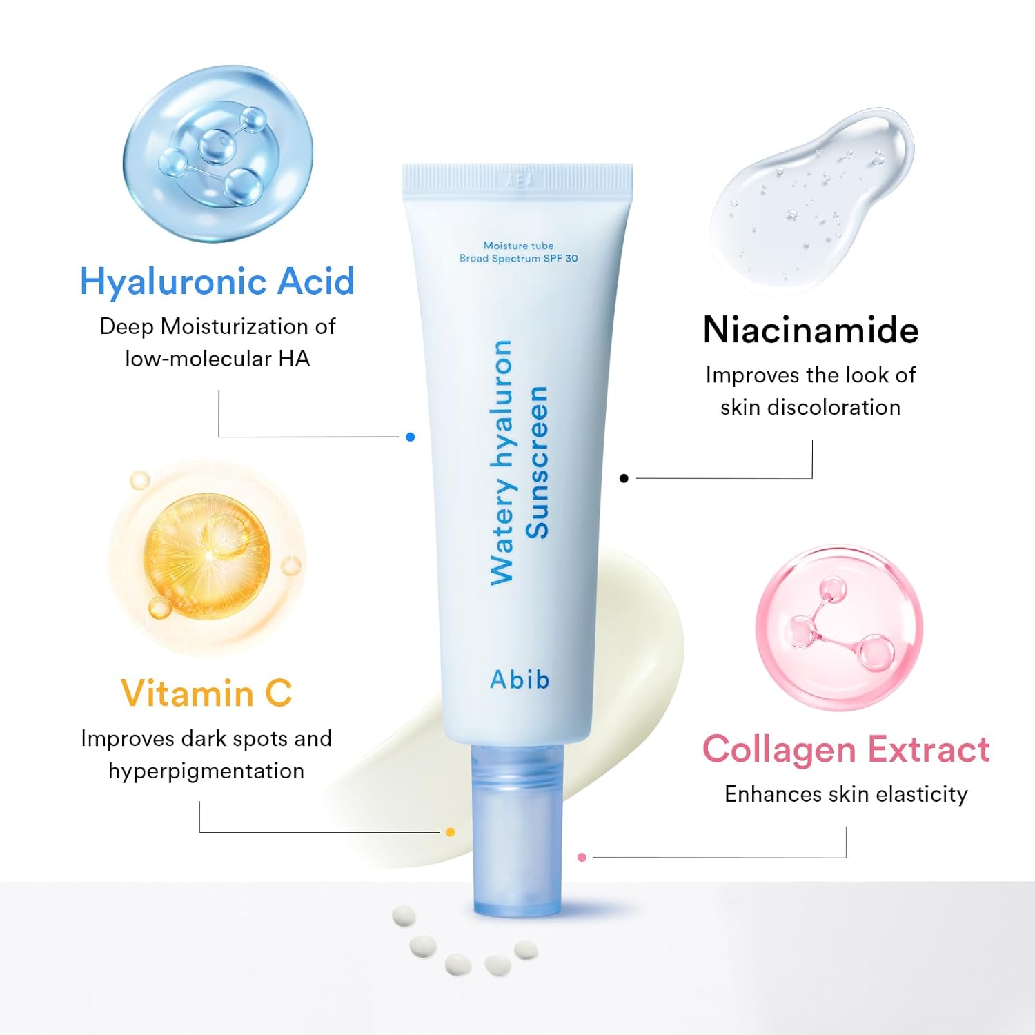Abib Watery Hyaluron Sunscreen Moisture Tube Broad Spectrum SPF 30 1.69 fl oz / 50ml | Korean Suncreen Suncare Sunblock No White cast Reef Safe Hyaluronic Acid Niacinamide Vitamin C Collagen