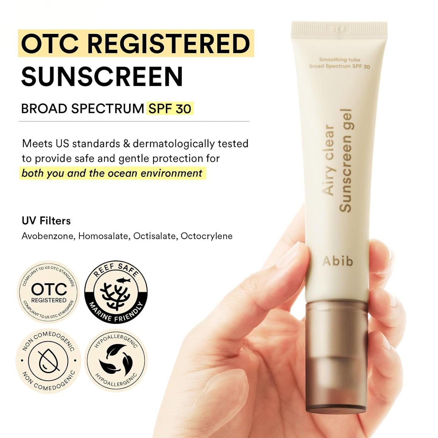 Abib Airy Clear Sunscreen Gel Smoothing Tube Broad Spectrum SPF 30 1.01 fl oz / 30ml | Korean Suncreen Suncare Sunblock No White cast Reef Safe Primer poreless hyaluronic acid squalane vitamin E