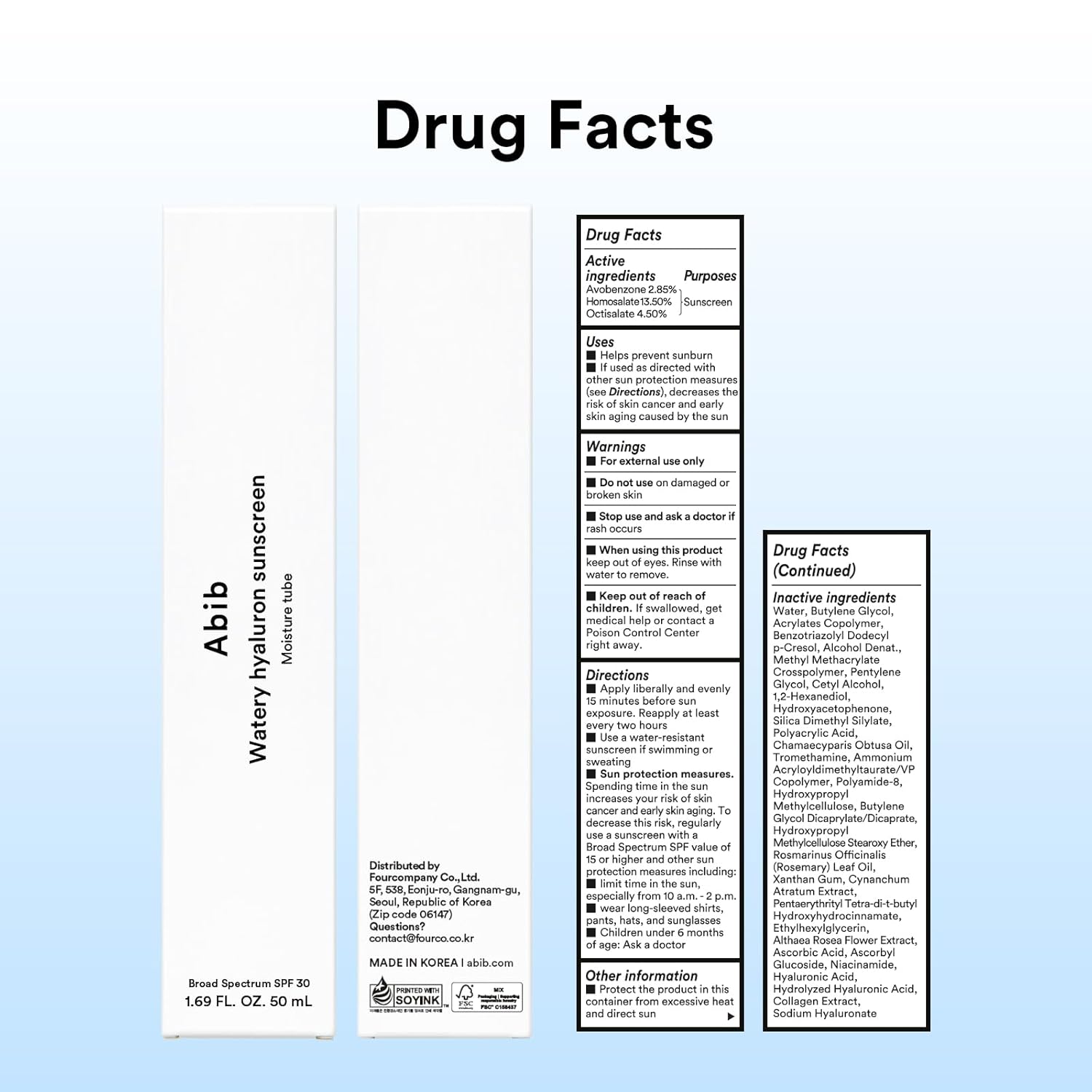 Abib Watery Hyaluron Sunscreen Moisture Tube Broad Spectrum SPF 30 1.69 fl oz / 50ml | Korean Suncreen Suncare Sunblock No White cast Reef Safe Hyaluronic Acid Niacinamide Vitamin C Collagen