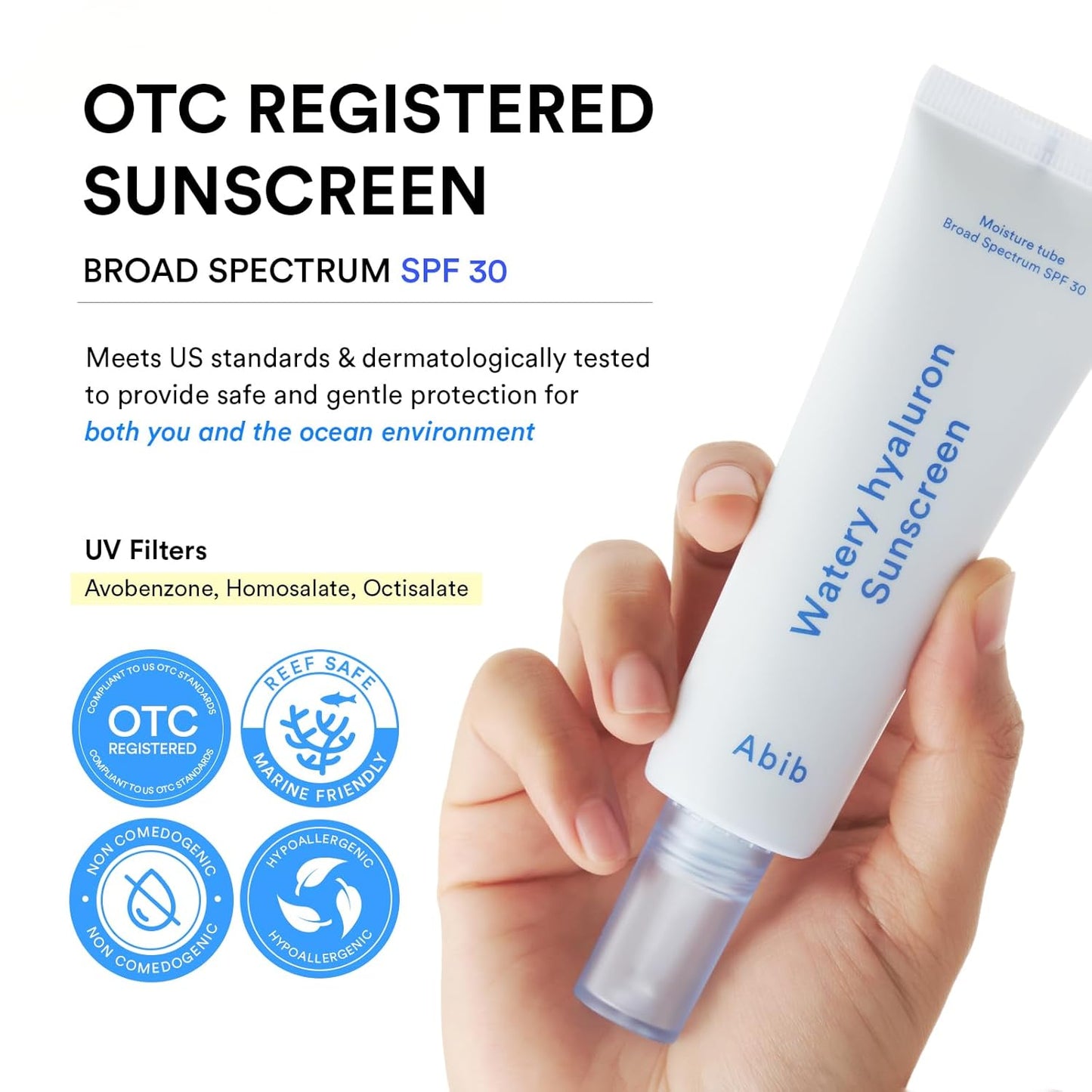 Abib Watery Hyaluron Sunscreen Moisture Tube Broad Spectrum SPF 30 1.69 fl oz / 50ml | Korean Suncreen Suncare Sunblock No White cast Reef Safe Hyaluronic Acid Niacinamide Vitamin C Collagen