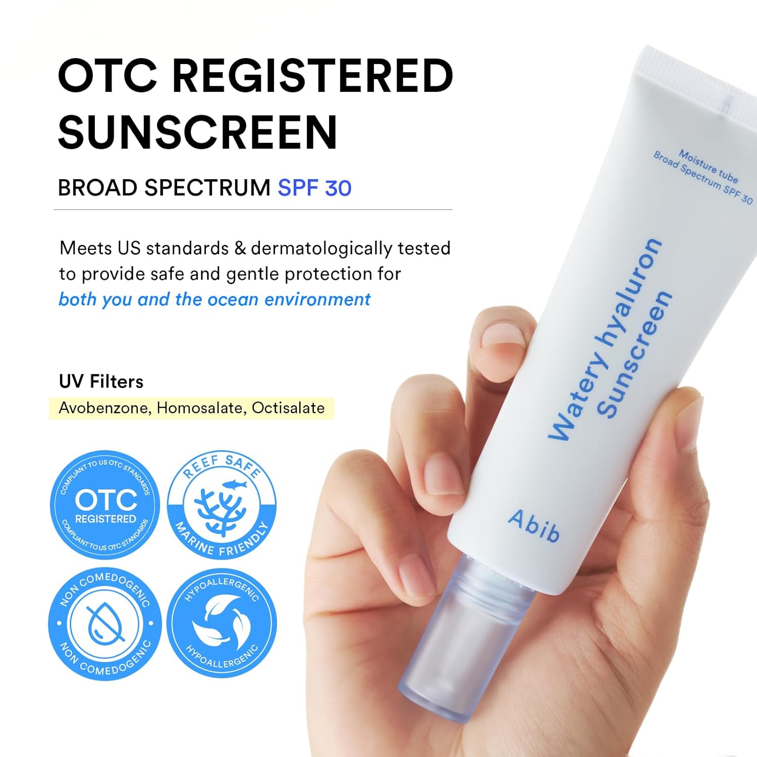 Abib Watery Hyaluron Sunscreen Moisture Tube Broad Spectrum SPF 30 1.69 fl oz / 50ml | Korean Suncreen Suncare Sunblock No White cast Reef Safe Hyaluronic Acid Niacinamide Vitamin C Collagen